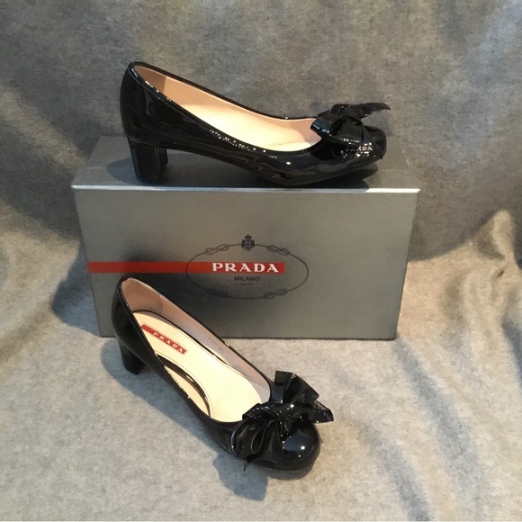 Prada Shoes - Authentic Prada Vernice black patent pump with scrunch bow.